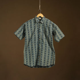 Natural Dyed Hand Block Print Cotton Men Half Sleeve Ajrakh Shirt 13