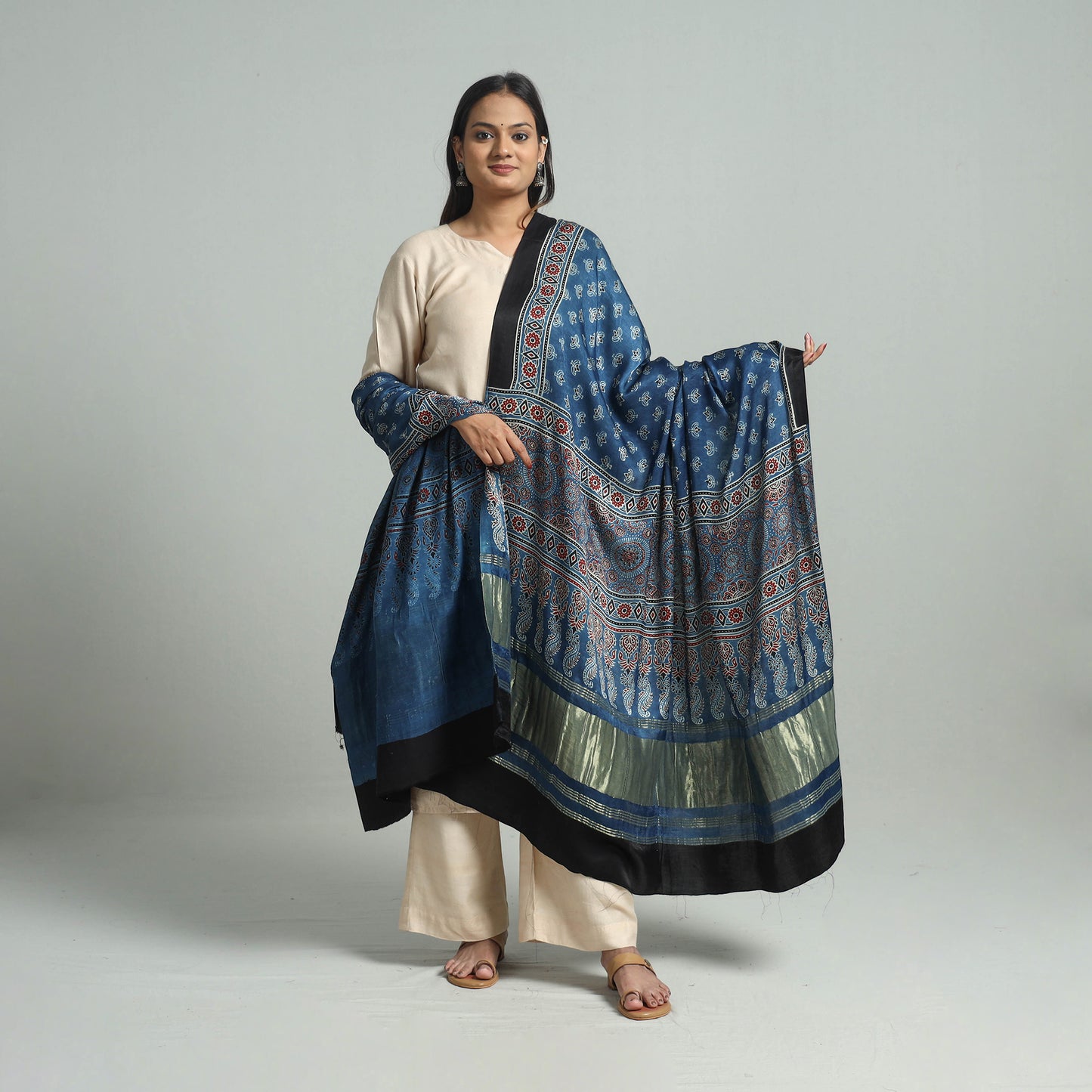 Blue - Ajrakh Modal Silk Dupatta with Zari Border 60