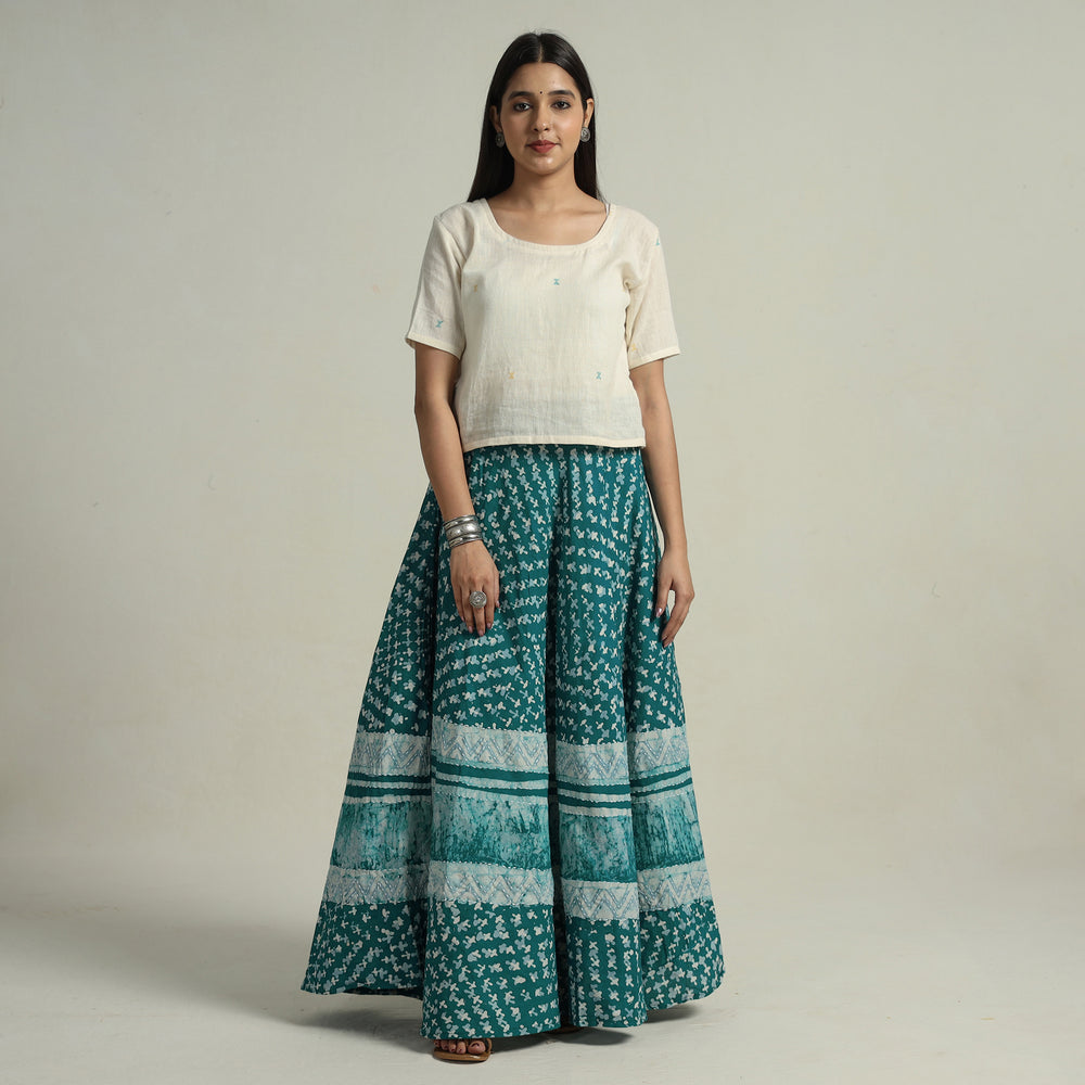 Green - Hand Batik Printed Running Stitch Cotton Long Skirt 60