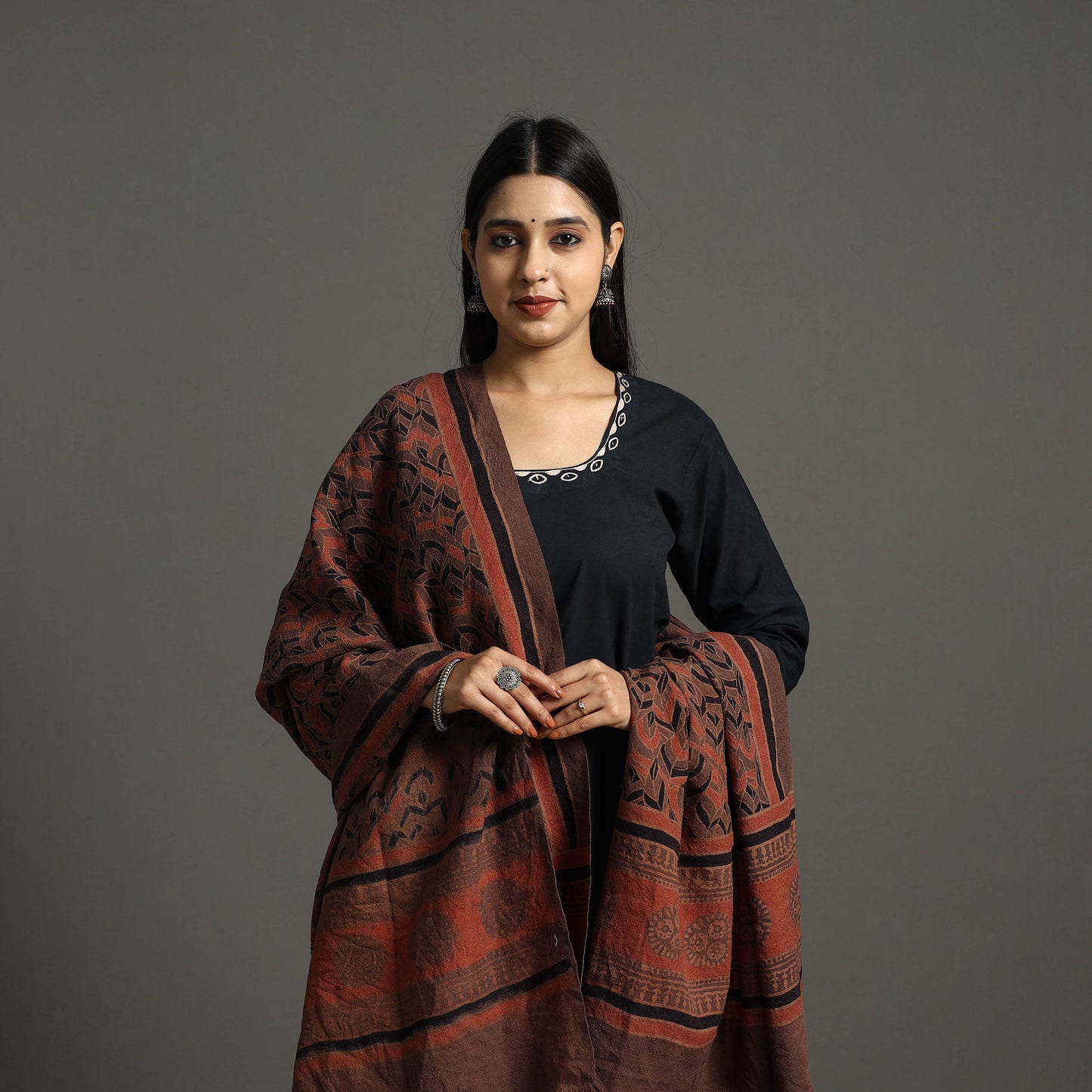  Ajrakh Block Printed Handwoven Woolen Shawl