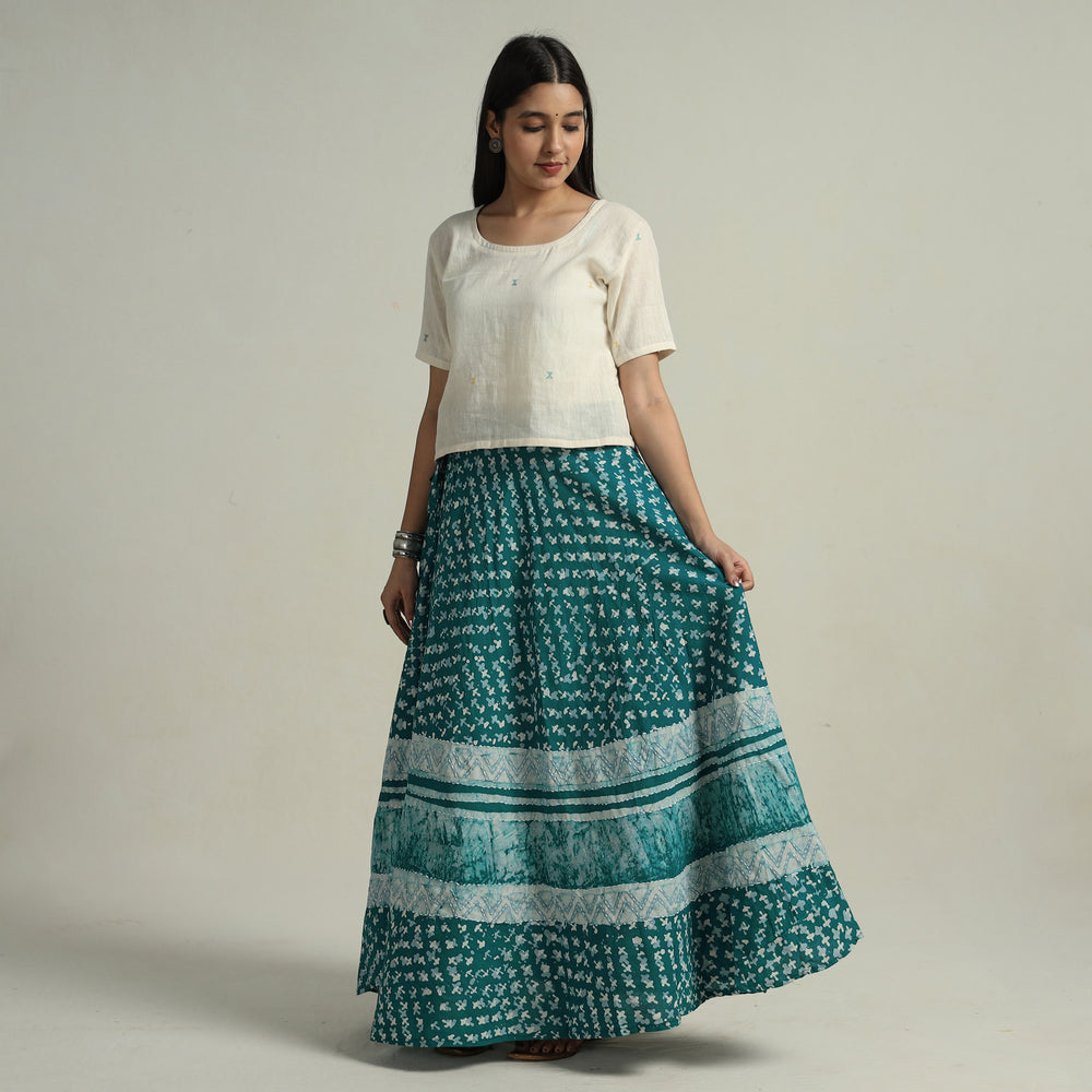 Green - Hand Batik Printed Running Stitch Cotton Long Skirt 60