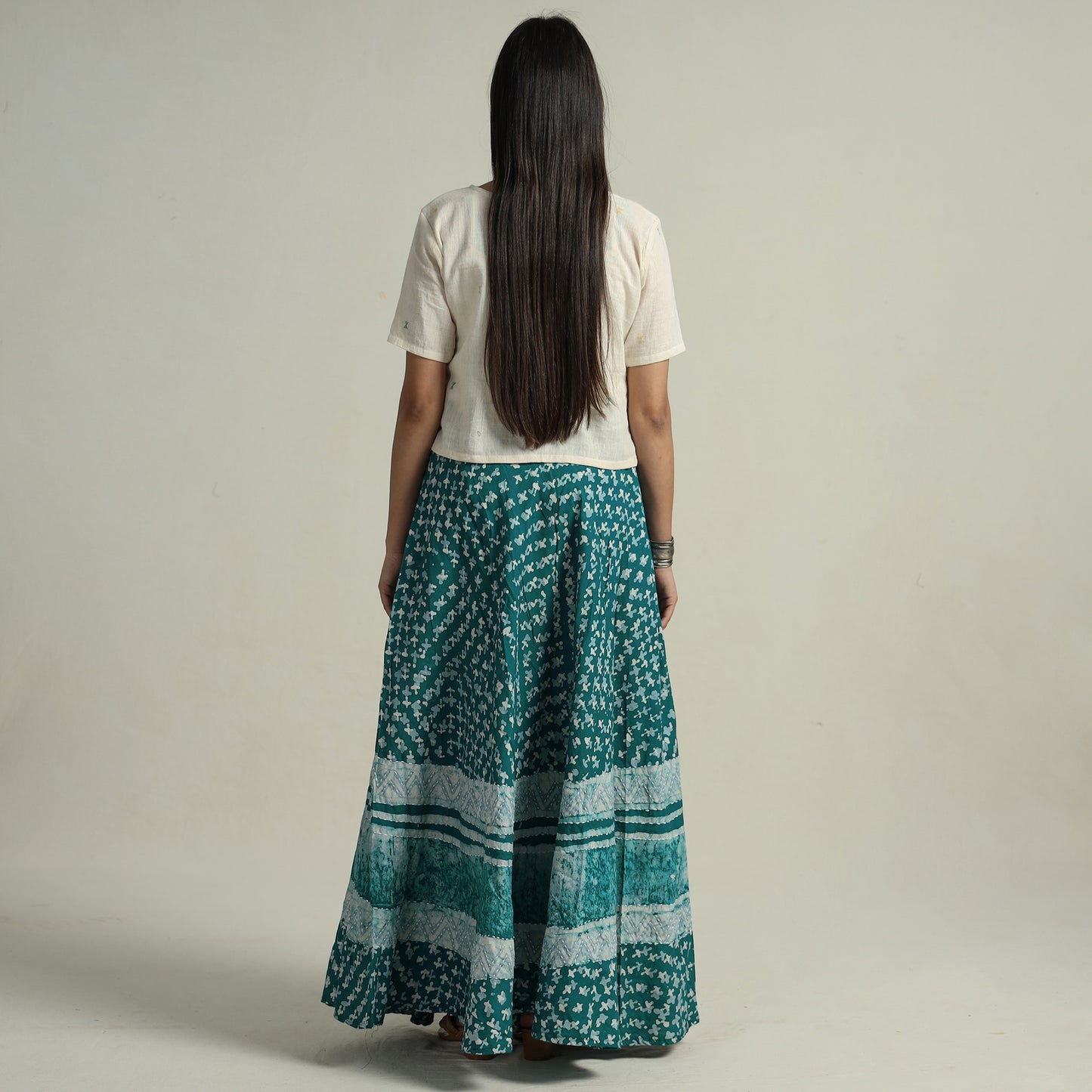 Green - Hand Batik Printed Running Stitch Cotton Long Skirt 60