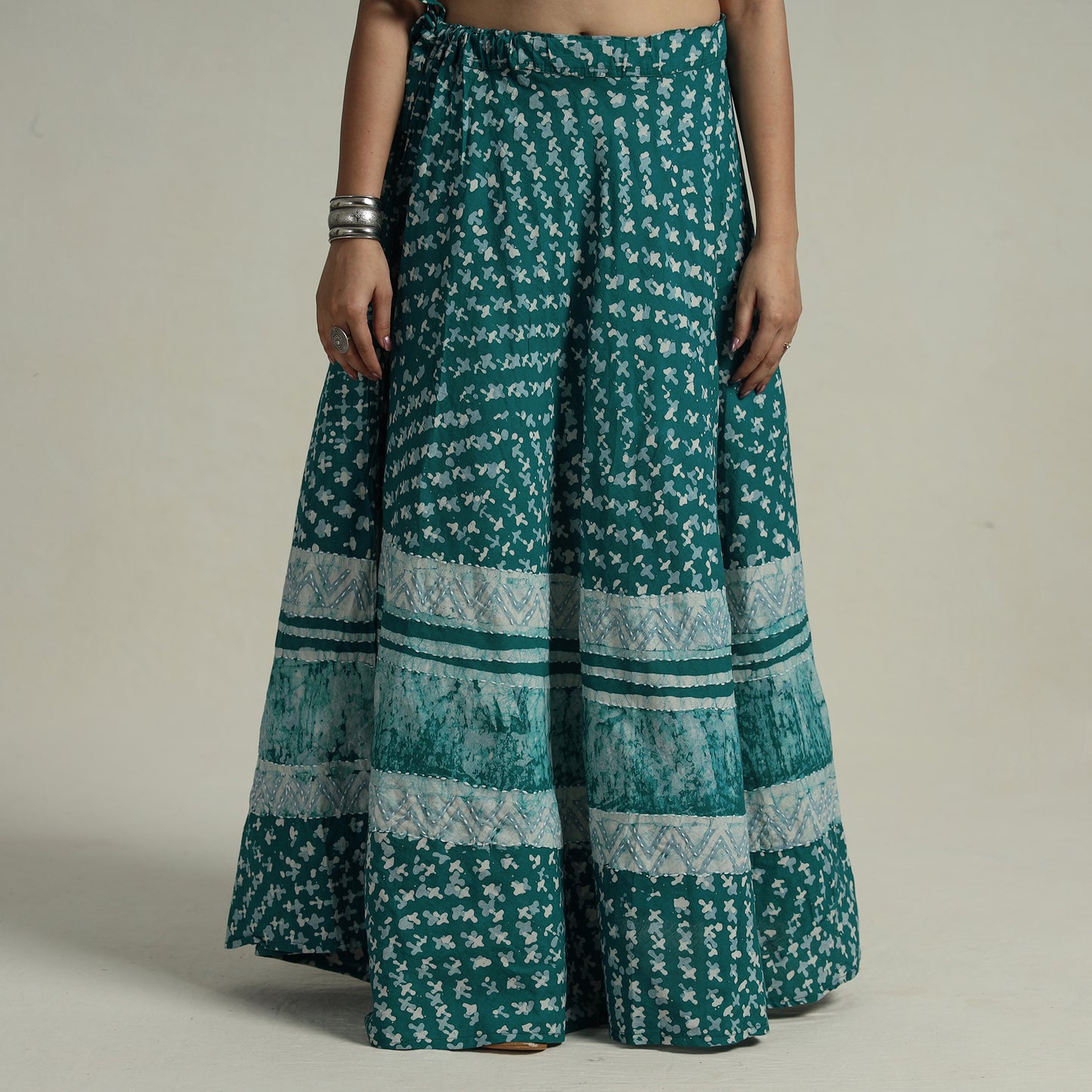 Green - Hand Batik Printed Running Stitch Cotton Long Skirt 60