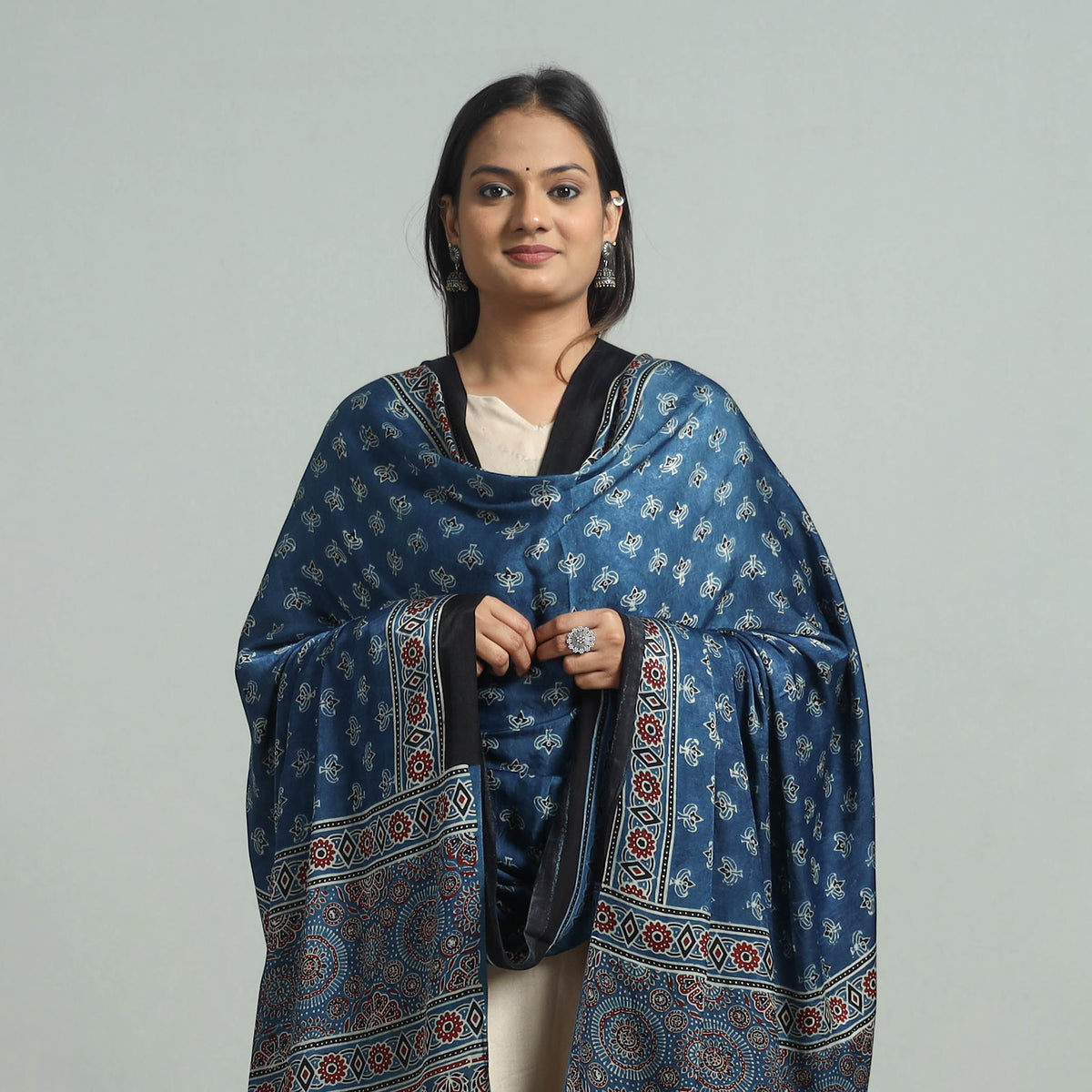 Blue - Ajrakh Modal Silk Dupatta with Zari Border 60