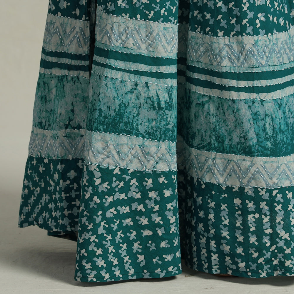 Green - Hand Batik Printed Running Stitch Cotton Long Skirt 60