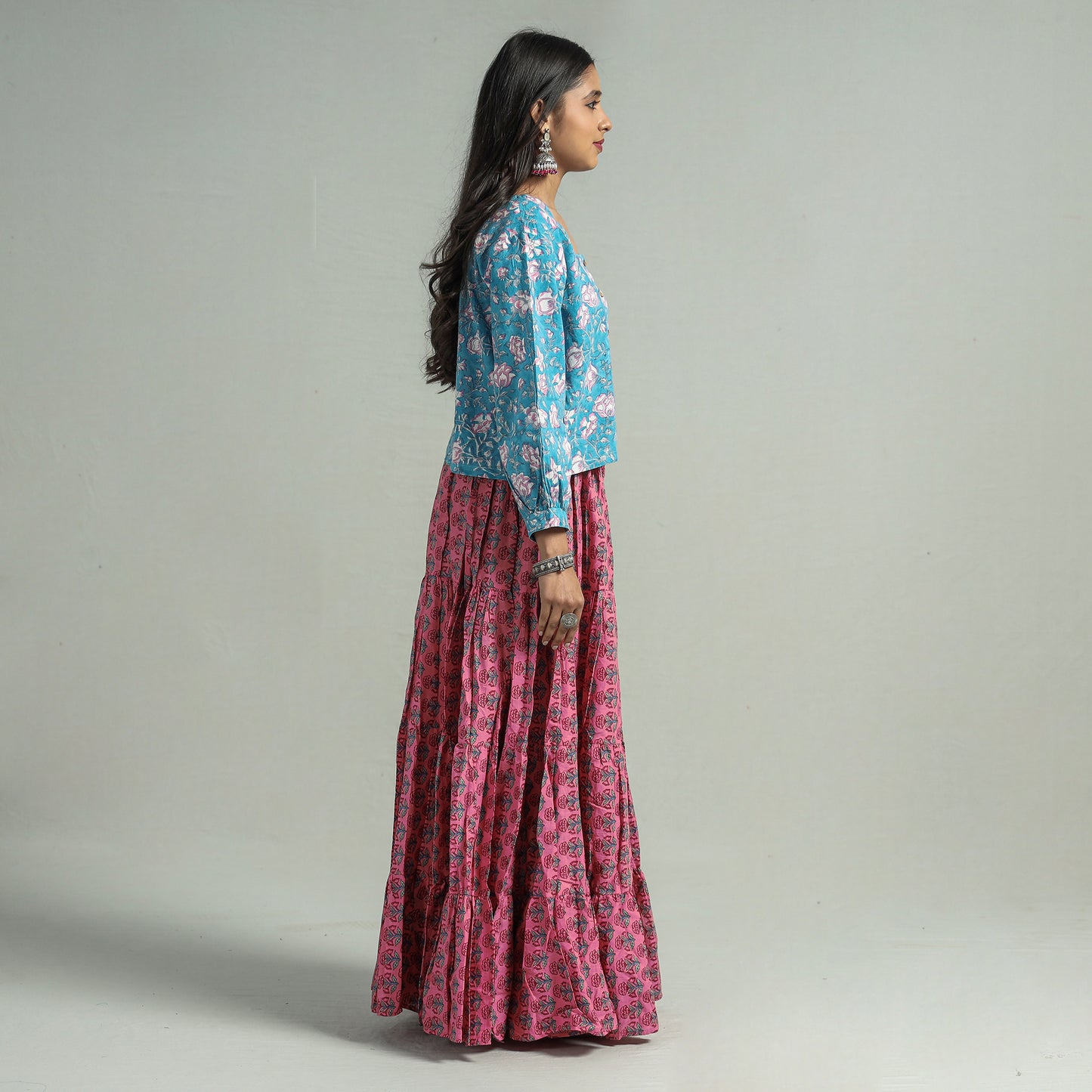 Peach -Sanganeri Block Printed Tiered Cotton Long Skirt