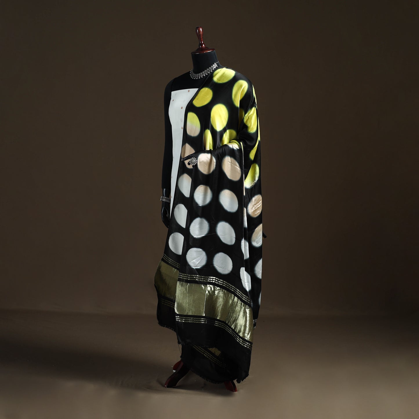 Yellow - Shibori Clamp Dyed Modal Silk Dupatta with Zari Border 07