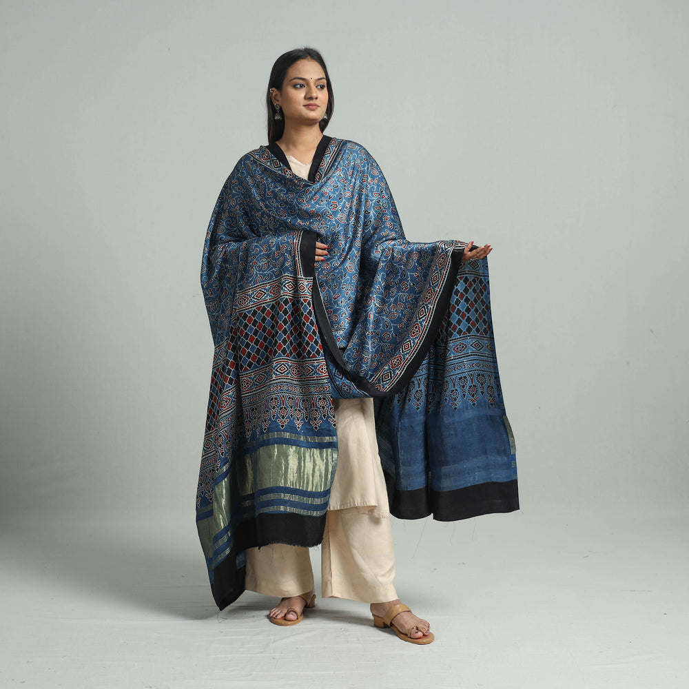 Blue - Ajrakh Modal Silk Dupatta with Zari Border 62