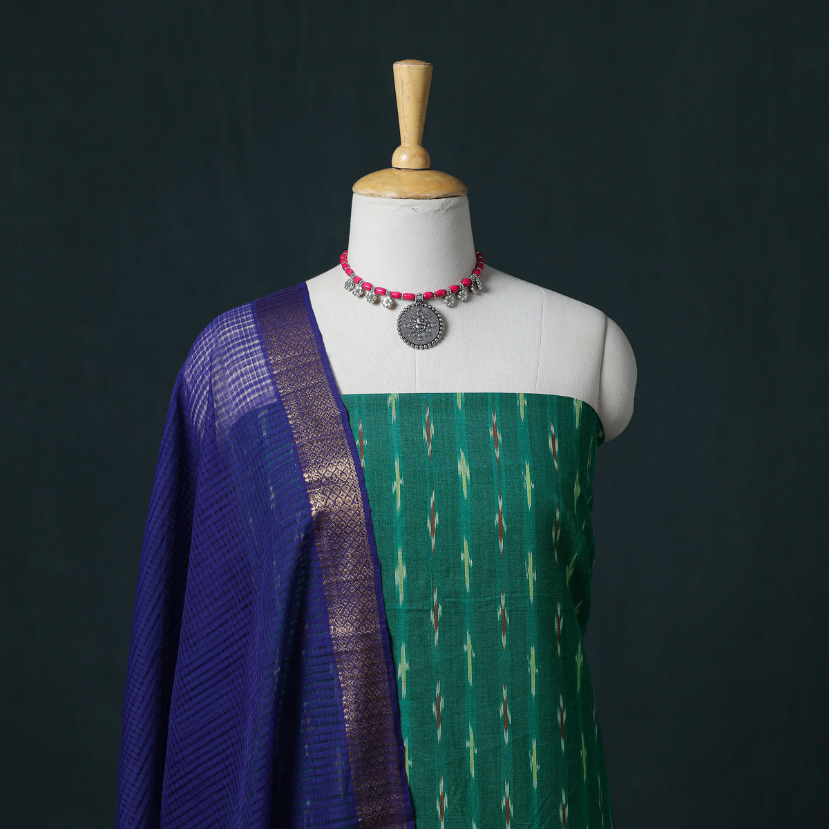Pochampally Ikat Cotton Unstitched Dress Material: Kurta & Dupatta 19