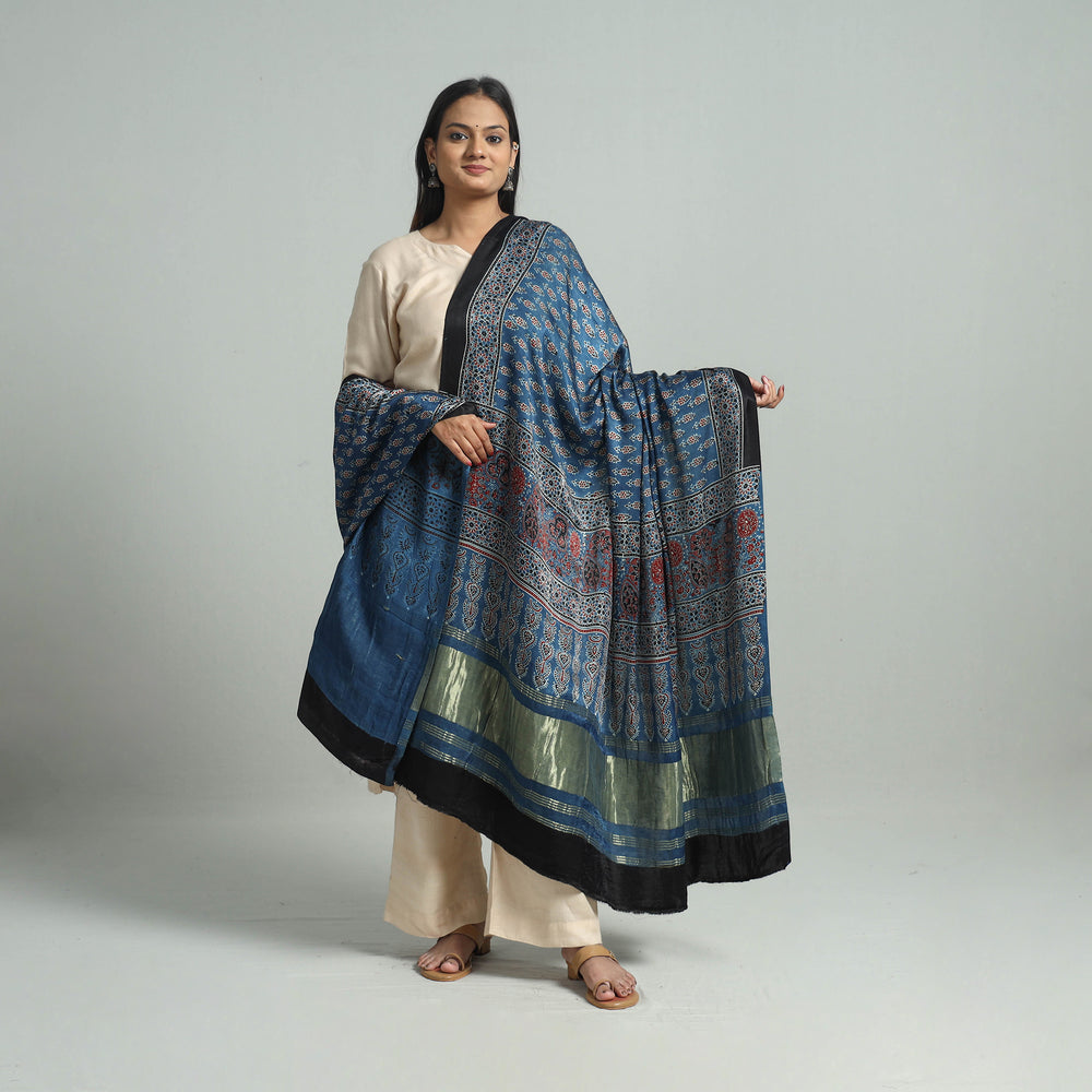 Blue - Ajrakh Modal Silk Dupatta with Zari Border 63