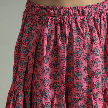 Peach -Sanganeri Block Printed Tiered Cotton Long Skirt