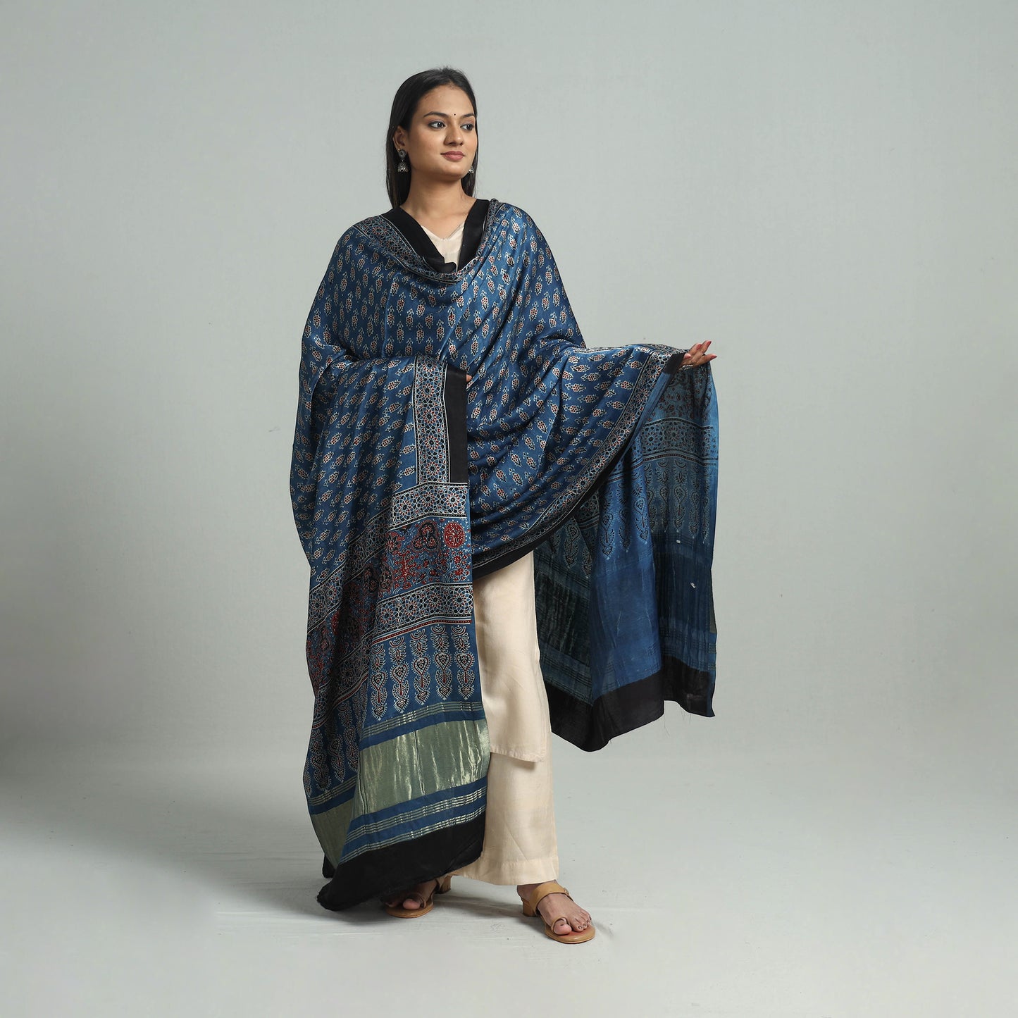 Blue - Ajrakh Modal Silk Dupatta with Zari Border 63