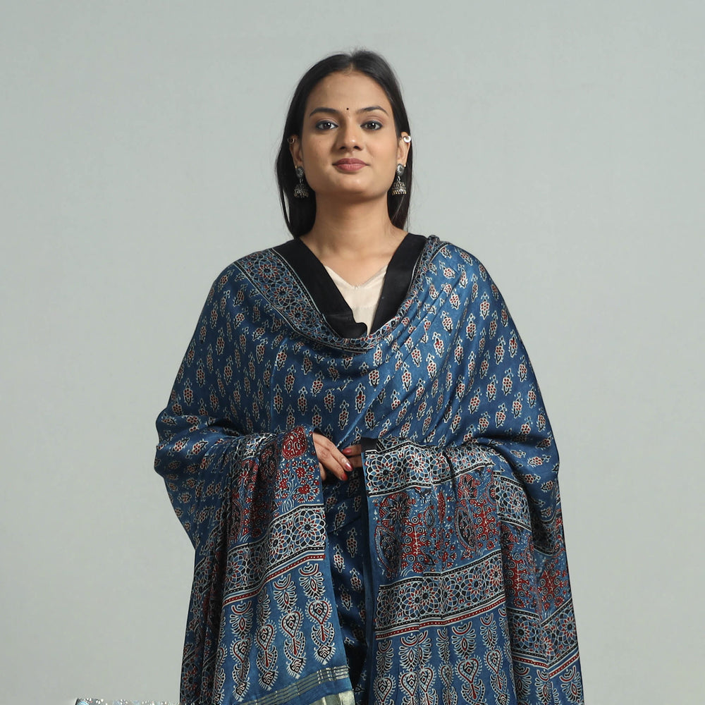 Blue - Ajrakh Modal Silk Dupatta with Zari Border 63