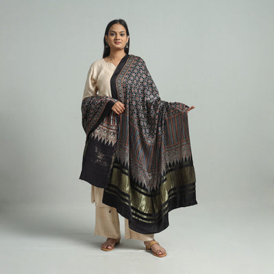 Black - Ajrakh Modal Silk Dupatta with Zari Border 64