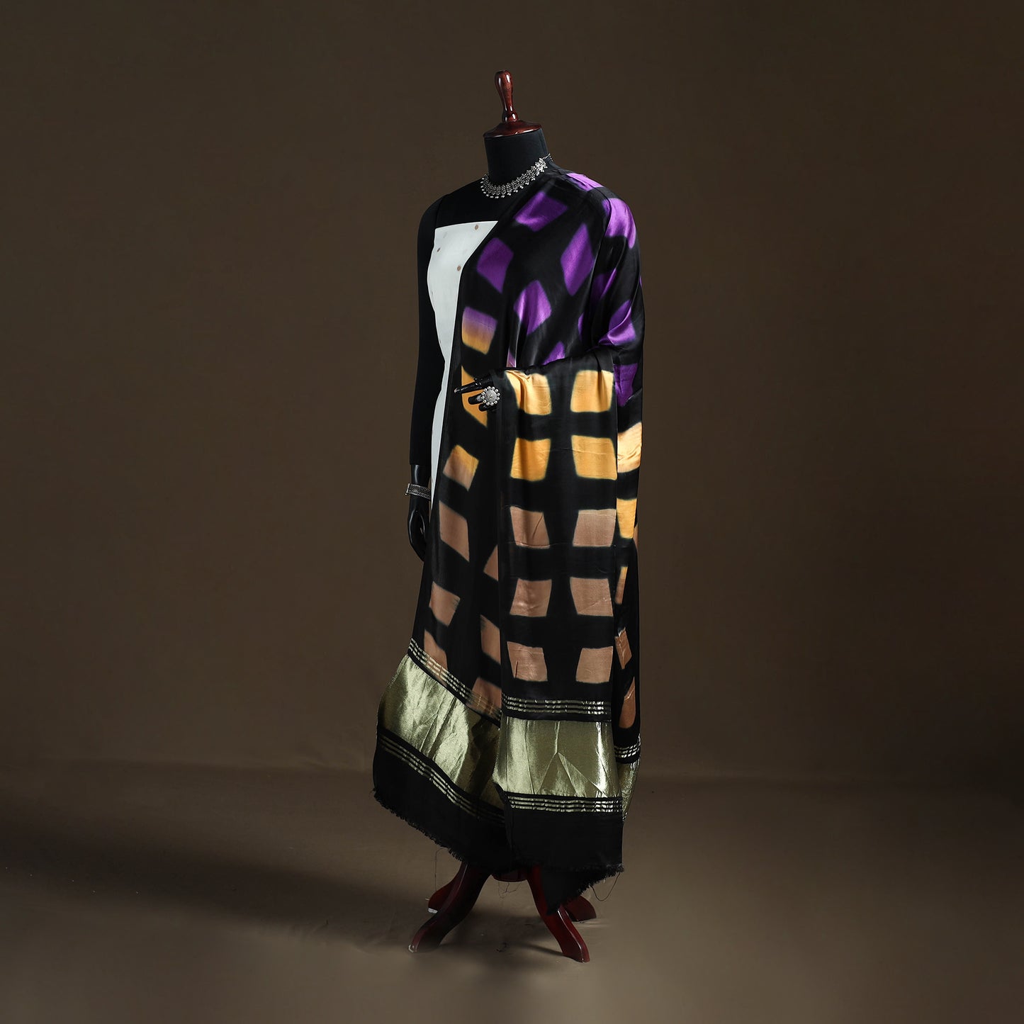 Multicolor - Shibori Clamp Dyed Modal Silk Dupatta with Zari Border 10