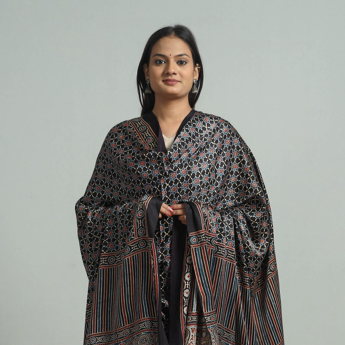 Black - Ajrakh Modal Silk Dupatta with Zari Border 64