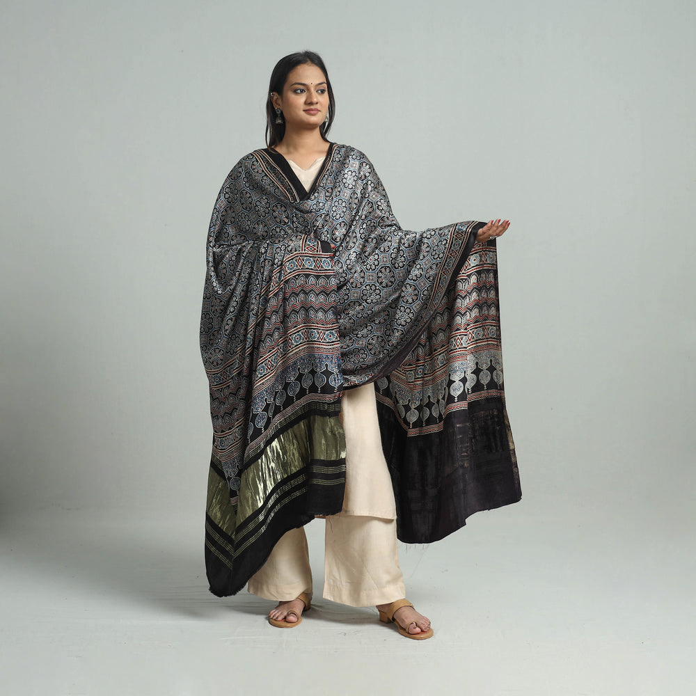 Black - Ajrakh Modal Silk Dupatta with Zari Border 65