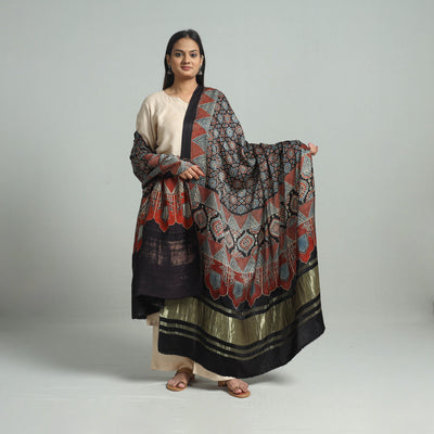 Black - Ajrakh Modal Silk Dupatta with Zari Border 66