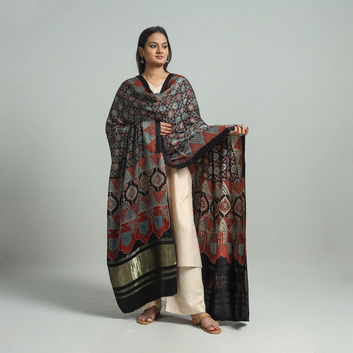 Black - Ajrakh Modal Silk Dupatta with Zari Border 66