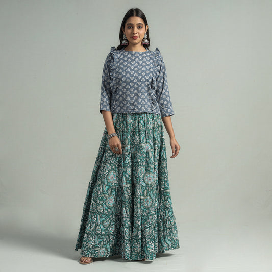 Green - Sanganeri Block Printed Tiered Cotton Long Skirt
