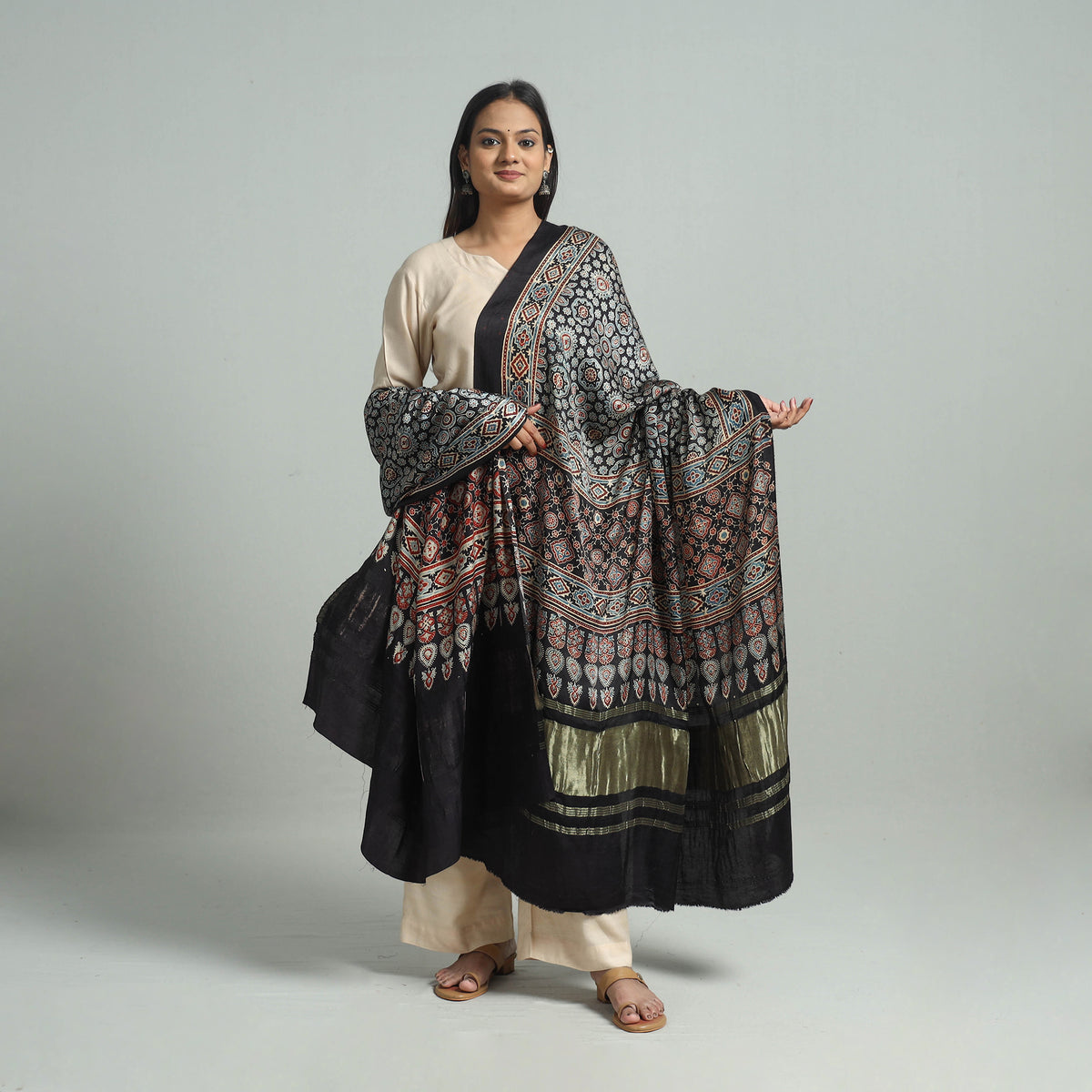 Black - Ajrakh Modal Silk Dupatta with Zari Border 68