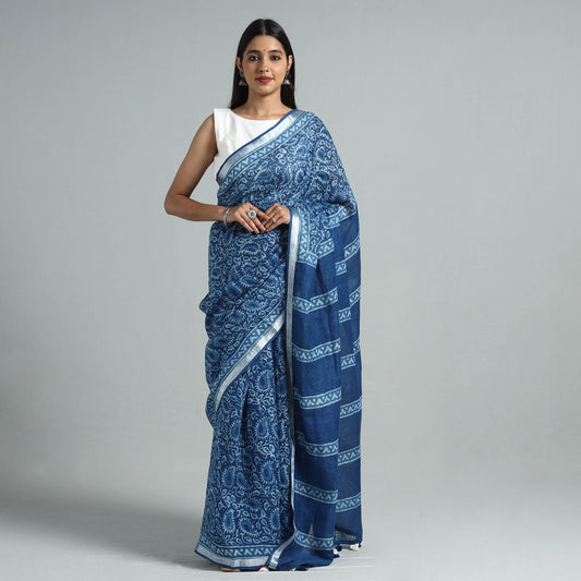 Blue - Sanganeri Block Printed Linen Handloom Saree