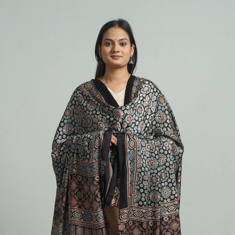 Black - Ajrakh Modal Silk Dupatta with Zari Border 68