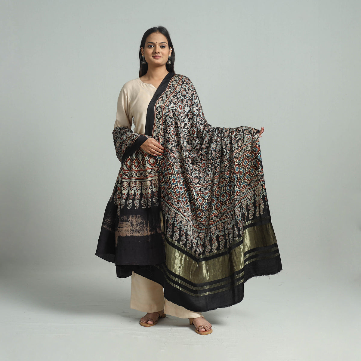 Black - Ajrakh Modal Silk Dupatta with Zari Border 69