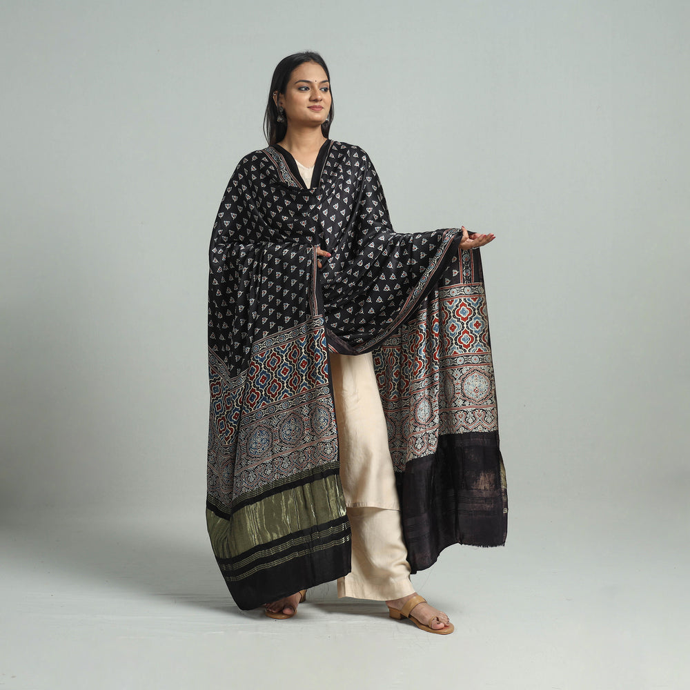 Black - Ajrakh Modal Silk Dupatta with Zari Border 70