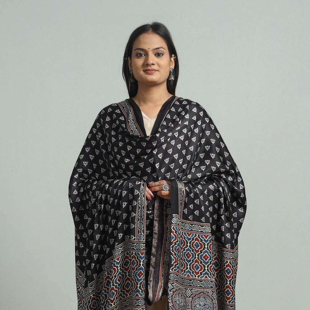 Black - Ajrakh Modal Silk Dupatta with Zari Border 70