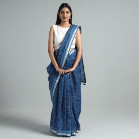  Indigo Block Printed Linen Handloom Sanganeri Saree