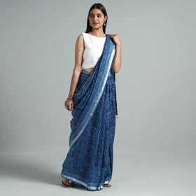  Indigo Block Printed Linen Handloom Sanganeri Saree