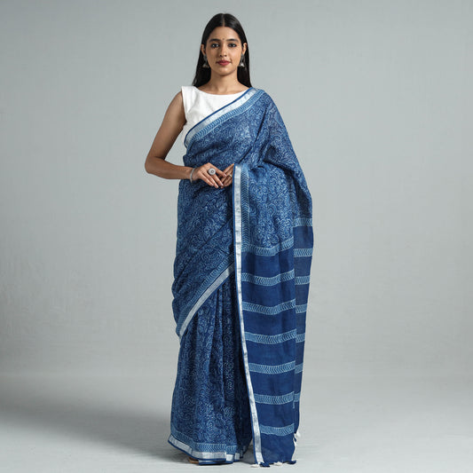 Blue - Sanganeri Block Printed Linen Handloom Saree