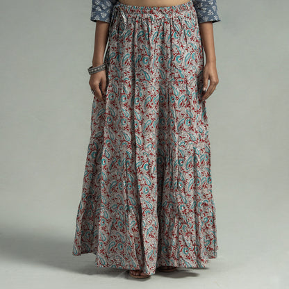 Grey - Sanganeri Block Printed Tiered Cotton Long Skirt