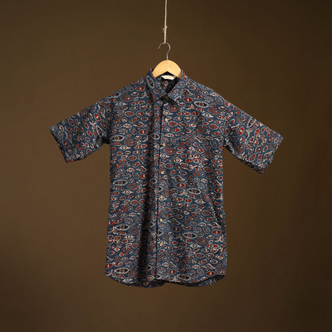 Natural Dyed Hand Block Print Cotton Men Half Sleeve Ajrakh Shirt 02