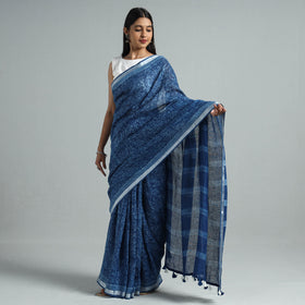  Indigo Block Printed Linen Handloom Sanganeri Saree