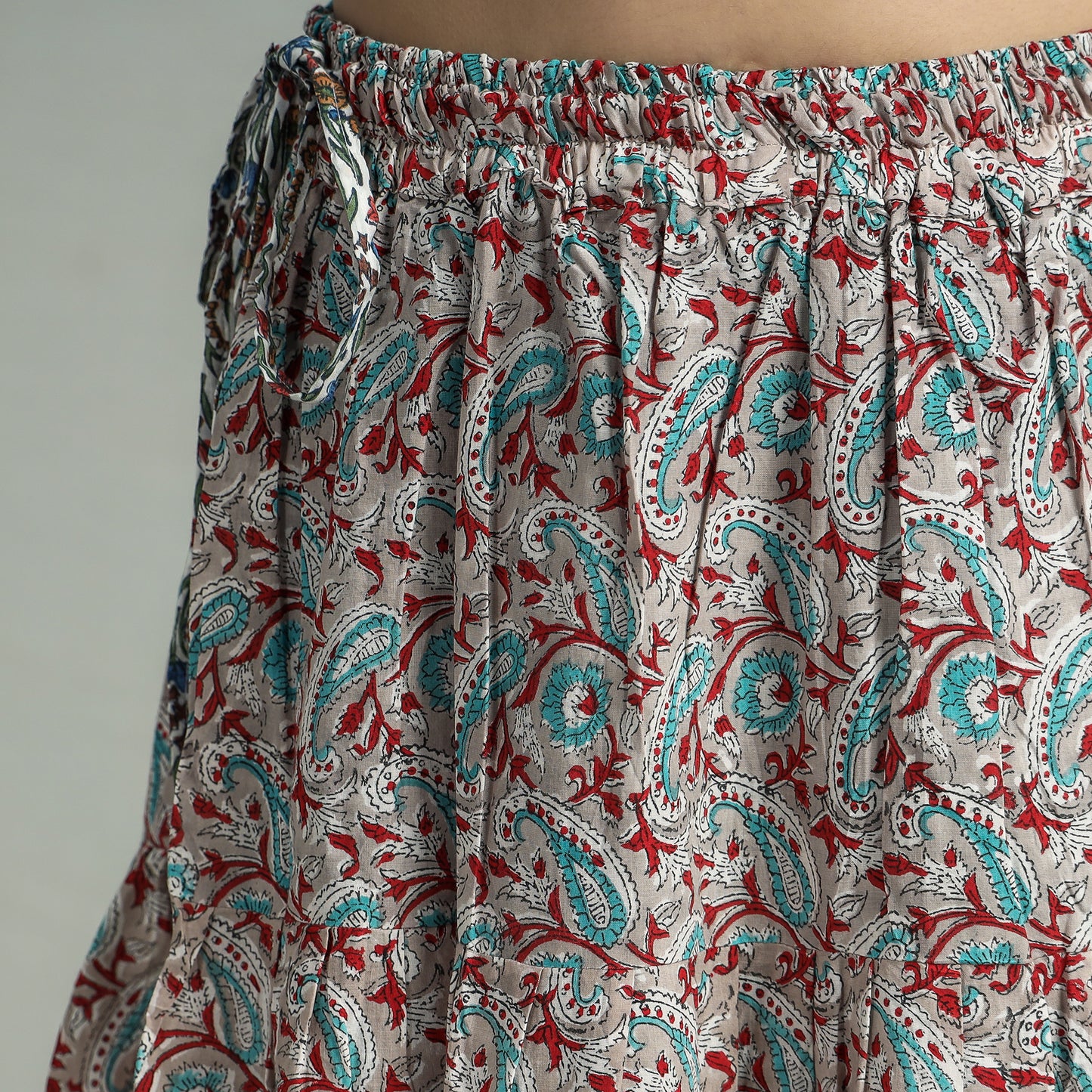 Grey - Sanganeri Block Printed Tiered Cotton Long Skirt