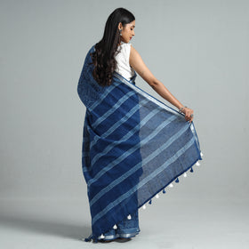 Indigo Block Printed Linen Handloom Sanganeri Saree