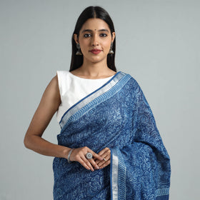  Indigo Block Printed Linen Handloom Sanganeri Saree