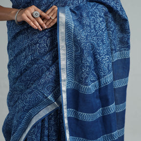  Indigo Block Printed Linen Handloom Sanganeri Saree