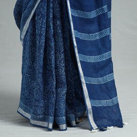  Indigo Block Printed Linen Handloom Sanganeri Saree