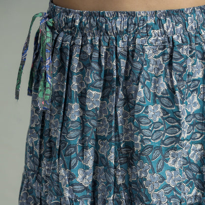 Blue - Sanganeri Block Printed Tiered Cotton Long Skirt