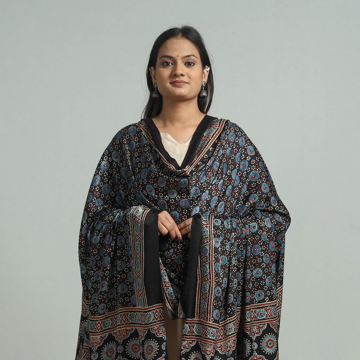 Black - Ajrakh Modal Silk Dupatta with Zari Border 74