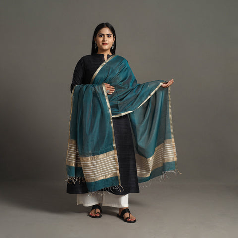 Teal Blue - Handloom Silk Cotton Zari Work Maheshwari Dupatta 37