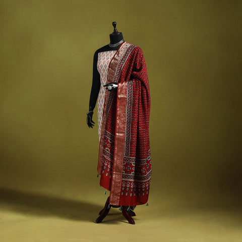 Hand Block Print Natural Dyed Dola Silk Zari Border Ajrakh Dupatta with Tassels 03