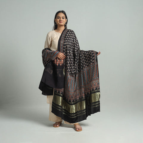 Black - Ajrakh Modal Silk Dupatta with Zari Border 78