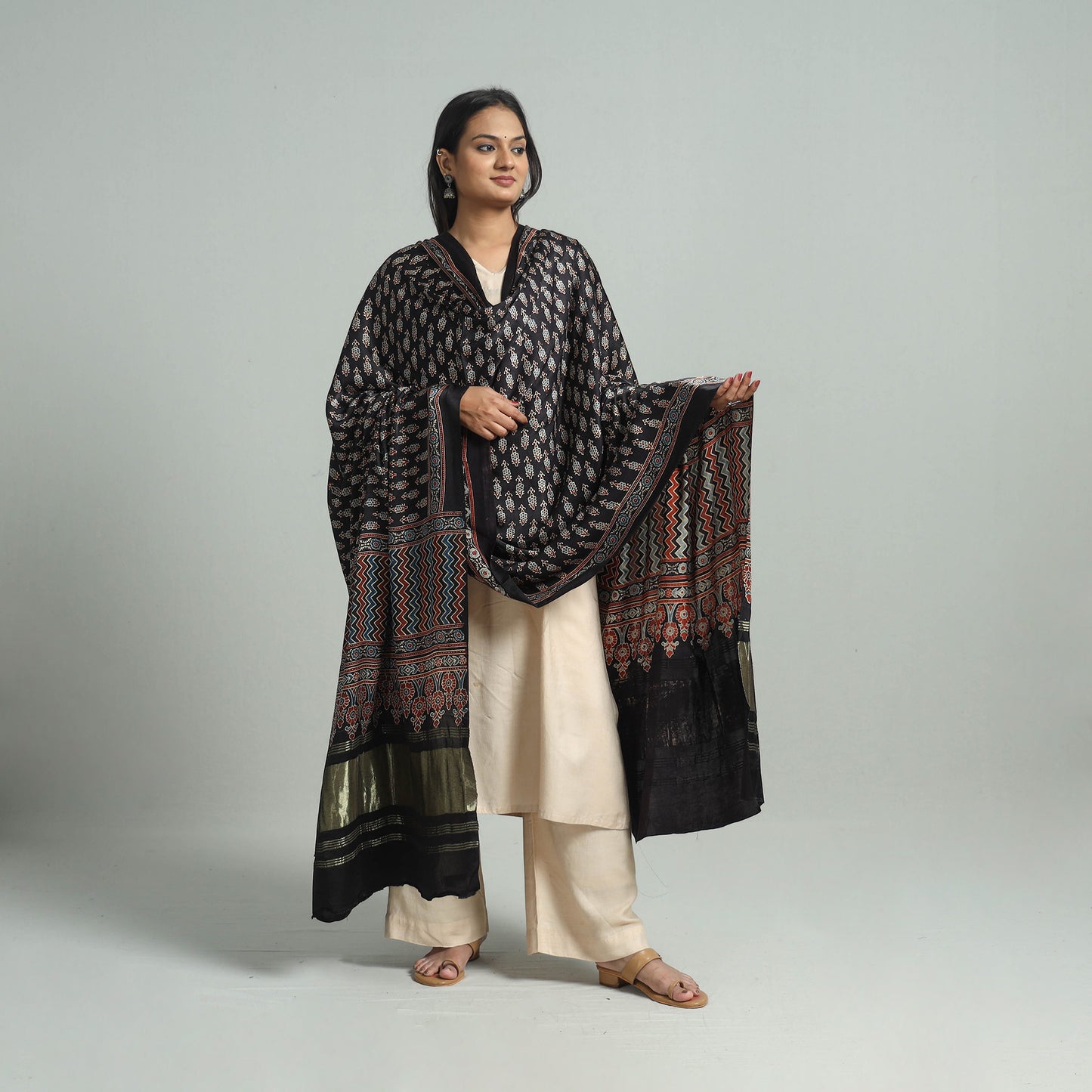 Black - Ajrakh Modal Silk Dupatta with Zari Border 78