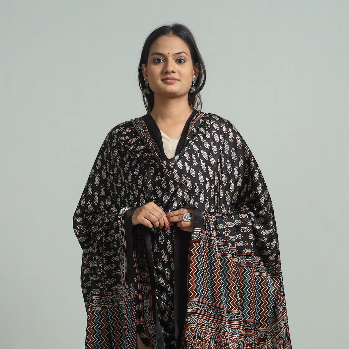 Black - Ajrakh Modal Silk Dupatta with Zari Border 78