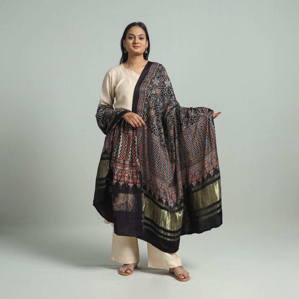 Black - Ajrakh Modal Silk Dupatta with Zari Border 77