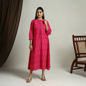 Buy Pink Flared Cotton Pochampally Ikat Dress